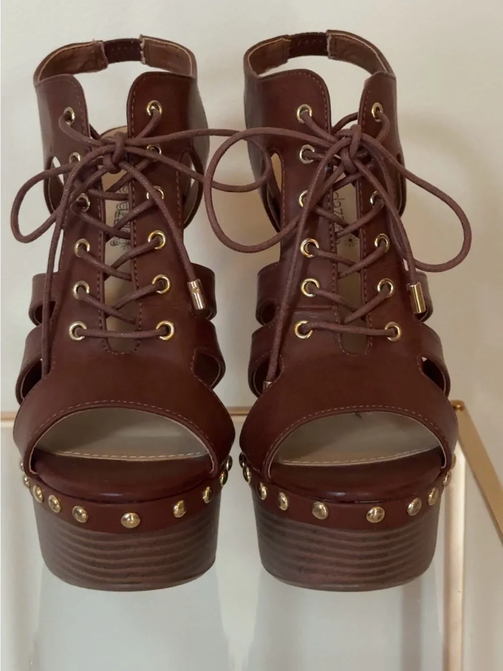 Brown Lace-Up Studded Platform Wedges